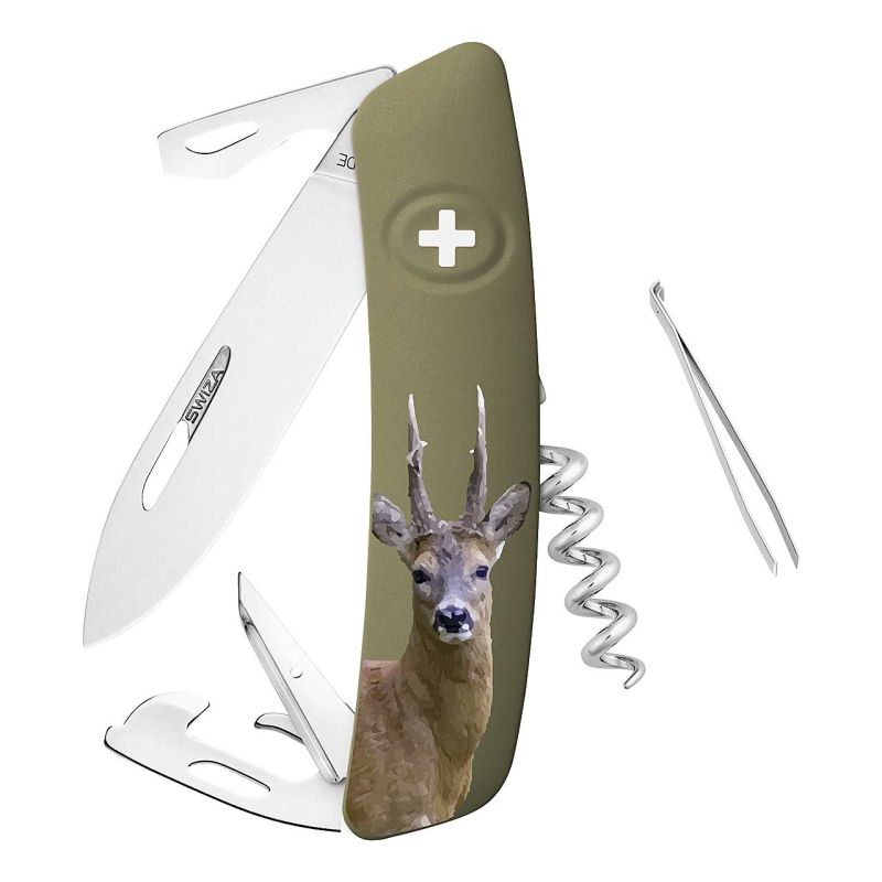 Swiza D05 Rehbock olivgrün – Jagd-Taschenmesser mit Rehbock-Motiv