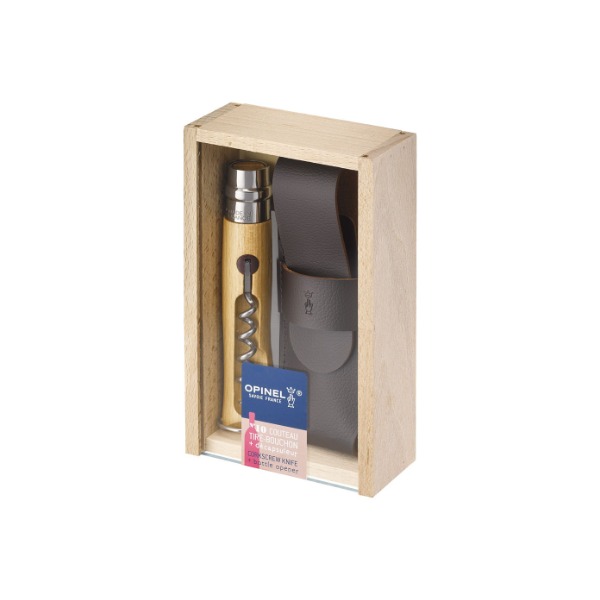 Opinel No 10 mit Korkenzieher und Flaschenöffner in Holzbox, Buchenholz