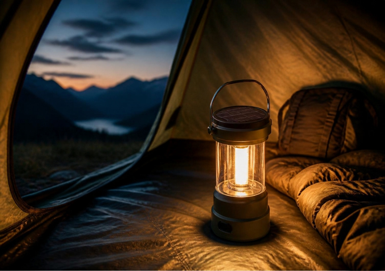 Solar-LED-Campinglaterne leuchtet warm im Zelt in der Dämmerung