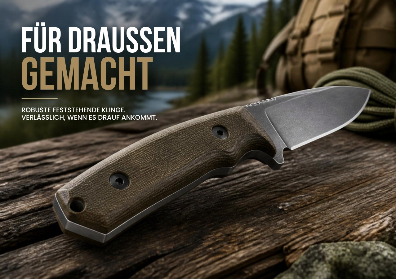 Griff und Vollerl-Tang eines hochwertigen Outdoormessers im Detail