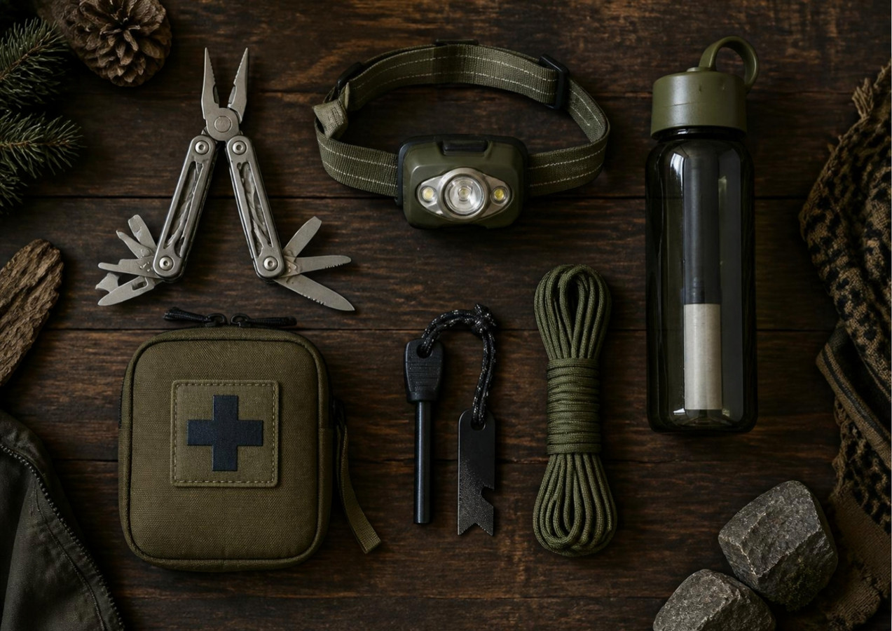 Moderne Survival- und Vorsorgeausrüstung übersichtlich im Flatlay