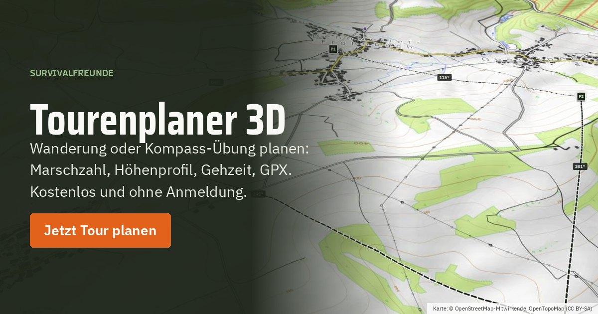 Tourenplaner 3D von Survivalfreunde: Kompass-Übung im 3D-Gelände planen