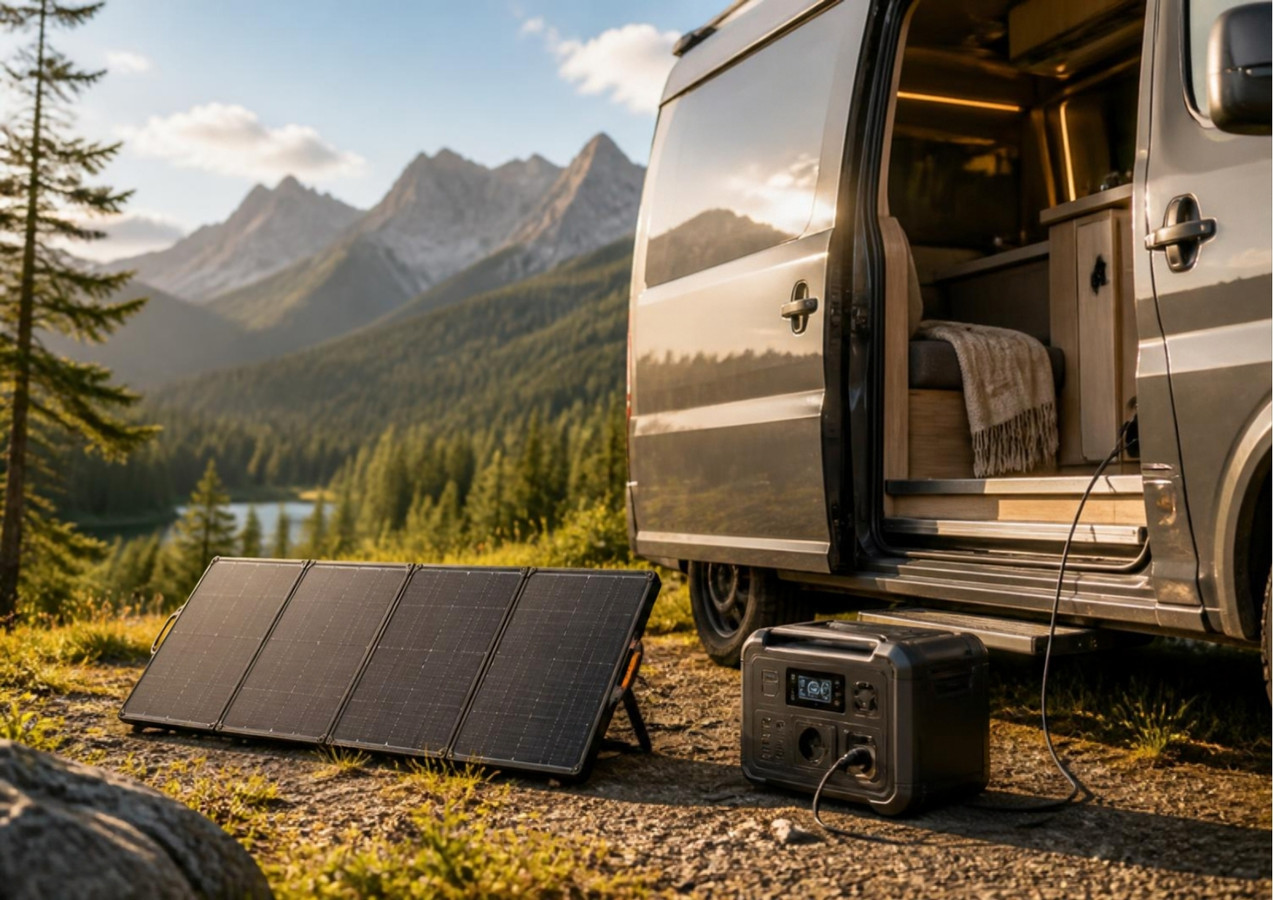 Solarpanel und Powerstation für die Stromversorgung im Campingbus